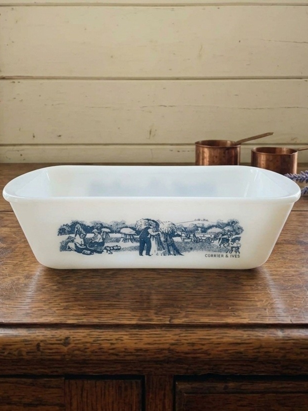 Glasbake White Loaf Pan with Blue Currier & Ives Transfer